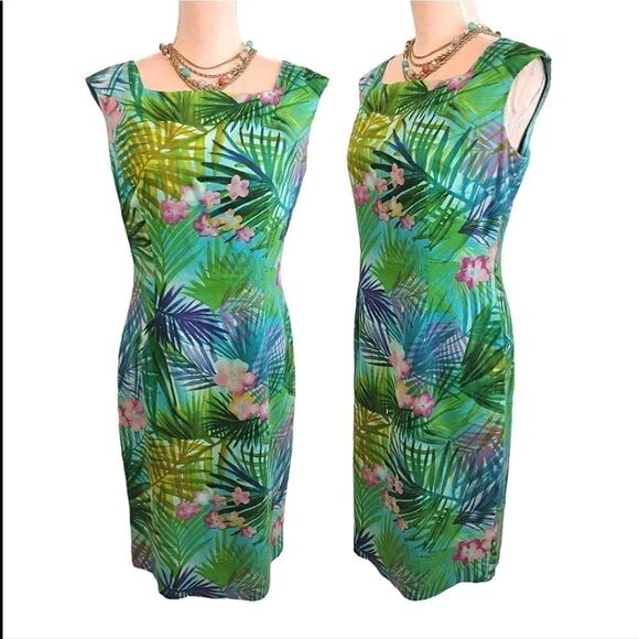 VTG 90s Maggy London Green Tropical Sleeveless Linen Blend Dress Size 8 - Picture 5 of 14